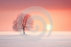 Beautiful winter landscape with lonely tree on snowy field at sunset