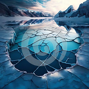 Beautiful winter landscape with melting ice on the lake. 3d render
