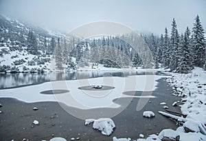 A beautiful winter landscape with a mountain lake in blizzard.