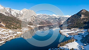 Beautiful winter landscape, mountains and lake in Berchtesgaden, Germany. Bavarian alps covered  with snow