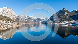 Beautiful winter landscape, mountains and lake in Berchtesgaden, Germany. Bavarian alps covered  with snow