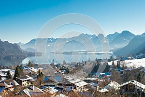 Beautiful winter landscape, mountains and lake in Berchtesgaden, Germany. Bavarian alps covered  with snow