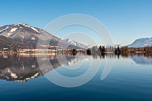 Beautiful winter landscape, mountains and lake in Berchtesgaden, Germany. Bavarian alps covered  with snow