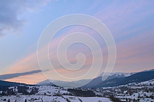 Beautiful winter landscape in the mountains. Sunrise