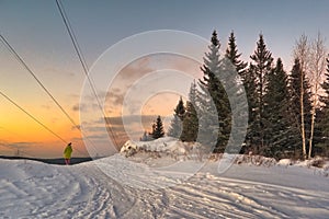 Beautiful winter landscape in the mountains. Sunrise. Fantastic winter landscape during sunset