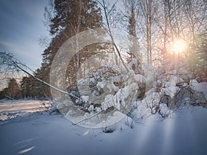 Beautiful winter landscape in the mountains. Sunrise. Fantastic winter landscape during sunset