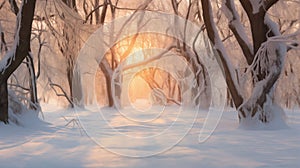 beautiful winter landscape, old trees with snow covered branches, a forest in a morning haze, beautiful nature