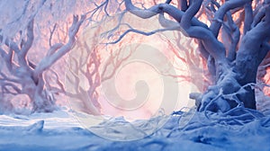 beautiful winter landscape, old trees with snow covered branches, a forest in a morning haze, beautiful nature