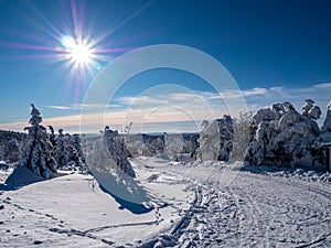 Beautiful winter landscape in the Ore Mountains on the Fichtelberg