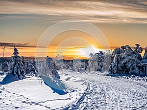 Beautiful winter landscape in the Ore Mountains on the Fichtelberg