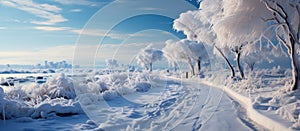 Beautiful winter landscape. Panorama of a road in the snowy forest