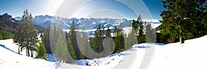 Beautiful winter landscape panorama. Swiss Alps covered by snow in Ibergeregg, Switzerland, Europe.