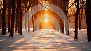 beautiful winter landscape, a path in a snow covered forest, tree branches with hoarfrost, sunset, bright sunlight and