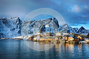 Beautiful winter landscape of picturesque fishing village in Lofoten islands, Norway