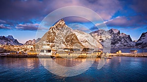 Beautiful winter landscape of picturesque fishing village in Lofoten islands, Norway