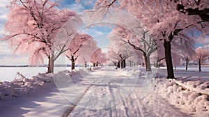 Beautiful winter landscape with pink trees covered with hoarfrost and snow