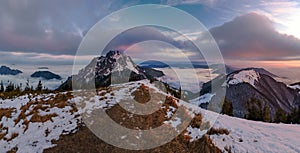 Beautiful winter landscape, rock-lit by the rays of the sun at sunset, Velky Rozsutec, mala fatra, Slovakia mountain