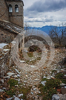 Beautiful winter landscape in ruined mountain village of Zagorohoria, Greece