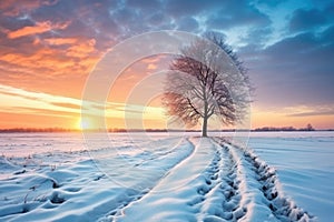 Beautiful Winter landscape at a rural field at sunset - stock concepts