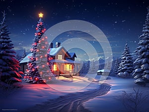 Beautiful winter landscape with rustic house and Christmas tree, generated by AI