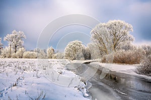 Beautiful Winter landscape scene background with snow covered trees and ice river