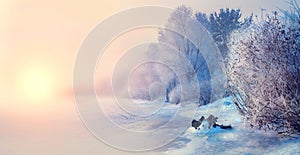 Beautiful winter landscape scene background with snow covered trees and iced river