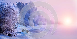 Beautiful winter landscape scene background with snow covered trees and iced river