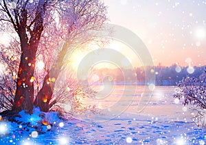 Beautiful winter landscape scene with ice river