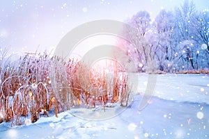 Beautiful winter landscape scene with ice river