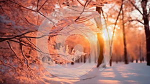 beautiful winter landscape, snow covered branches in forest at sunset, sunlight and beautiful nature