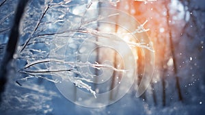 beautiful winter landscape, snow covered branches in forest at sunset, sunlight and beautiful nature