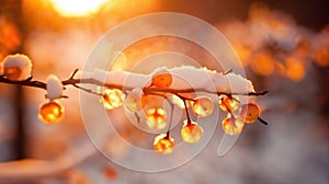 beautiful winter landscape, snow covered branches in forest at sunset, sunlight and beautiful nature