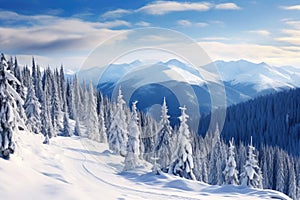 Beautiful winter landscape with snow covered fir trees Carpathian, Ukraine, Beautiful winter landscape in the Carpathian Mountains