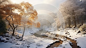 beautiful winter landscape, snow covered forest at sunset with fallen leaves and a stream, sunlight and beautiful nature