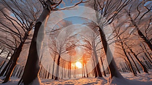 beautiful winter landscape, snow covered forest at sunset, sunlight and beautiful nature