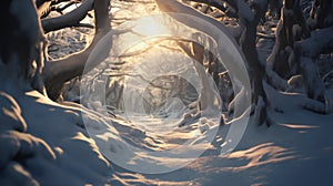 beautiful winter landscape, snow covered forest at sunset, sunlight and beautiful nature