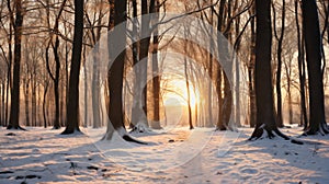 beautiful winter landscape, snow covered forest at sunset, sunlight and beautiful nature