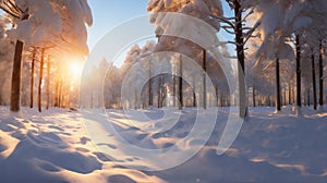 beautiful winter landscape, snow covered forest at sunset, sunlight and beautiful nature