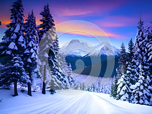 beautiful winter landscape with snow covered mountain. sunset in the mountains, Ai generated