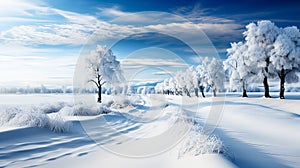 Beautiful winter landscape with snow covered trees and blue sky with clouds. Dramatic wintry scene