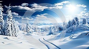 Beautiful winter landscape with snow covered trees and blue sky with clouds. Dramatic wintry scene