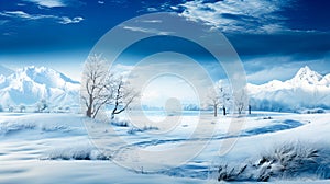 Beautiful winter landscape with snow covered trees and blue sky with clouds. Dramatic wintry scene