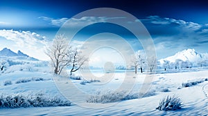 Beautiful winter landscape with snow covered trees and blue sky with clouds. Dramatic wintry scene