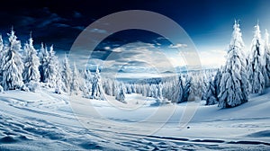 Beautiful winter landscape with snow covered trees and blue sky with clouds. Dramatic wintry scene