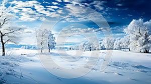 Beautiful winter landscape with snow covered trees and blue sky with clouds. Dramatic wintry scene