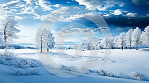 Beautiful winter landscape with snow covered trees and blue sky with clouds. Dramatic wintry scene