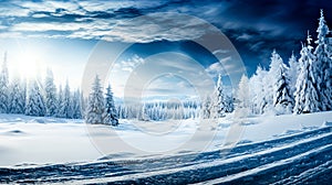 Beautiful winter landscape with snow covered trees and blue sky with clouds. Dramatic wintry scene