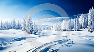 Beautiful winter landscape with snow covered trees and blue sky with clouds. Dramatic wintry scene