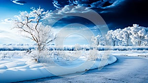 Beautiful winter landscape with snow covered trees and blue sky with clouds. Dramatic wintry scene