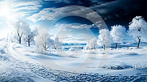 Beautiful winter landscape with snow covered trees and blue sky with clouds. Dramatic wintry scene